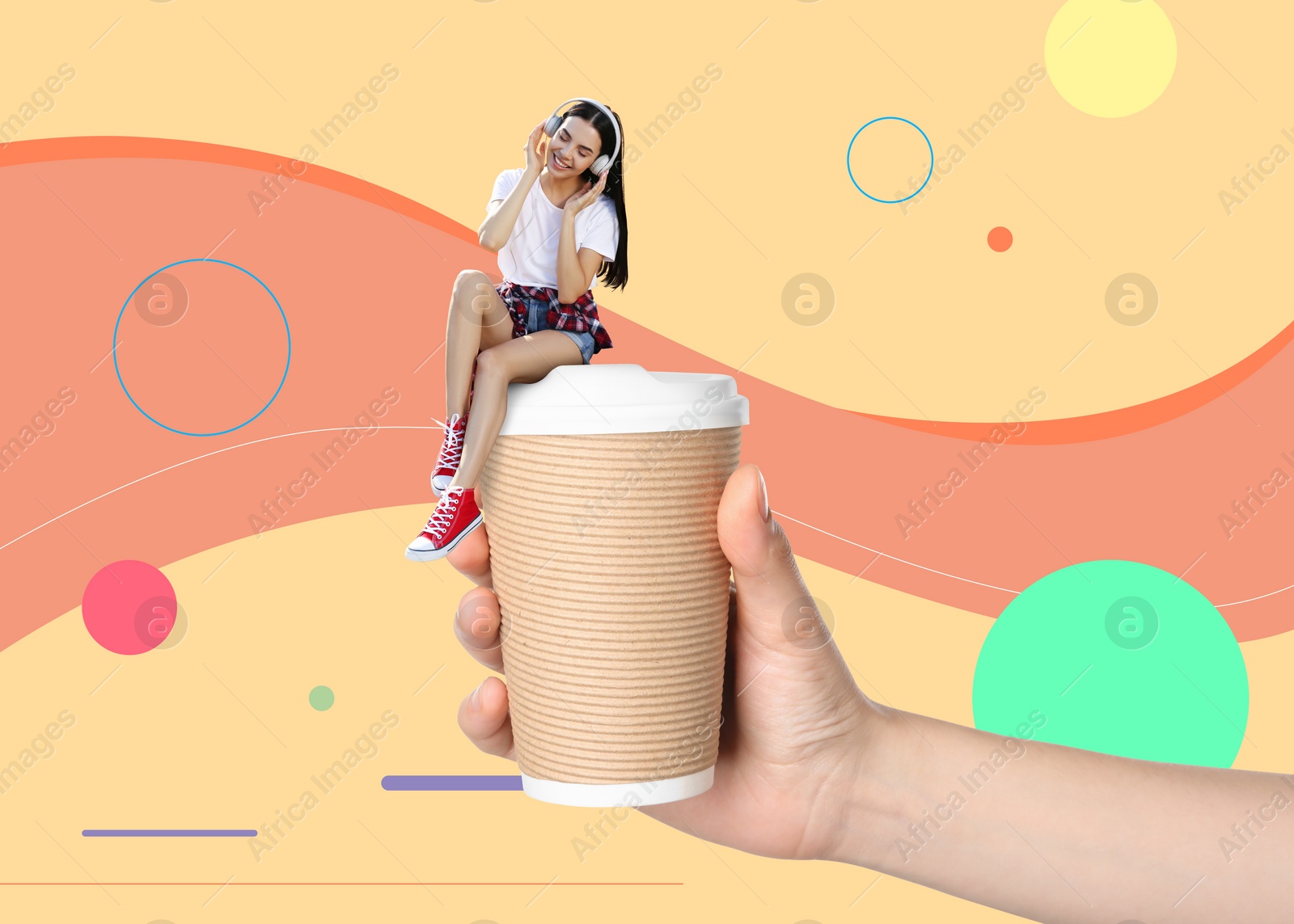 Image of Coffee to go, stylish artwork. Woman holding takeaway paper cup with smiling girl in headphones on color background, closeup