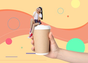 Coffee to go, stylish artwork. Woman holding takeaway paper cup with smiling girl in headphones on color background, closeup