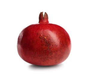 Photo of Ripe pomegranate on white background. Delicious fruit