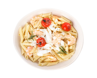 Photo of Delicious pasta with shrimps isolated on white, top view