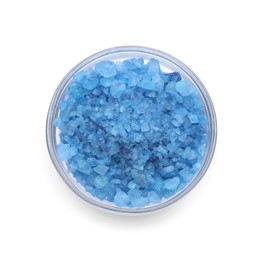 Photo of Glass bowl with blue sea salt isolated on white, top view