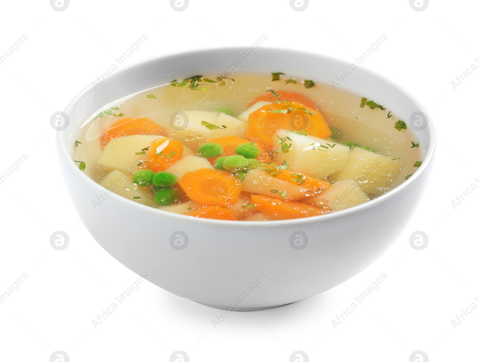 Photo of Bowl of fresh homemade vegetable soup on white background