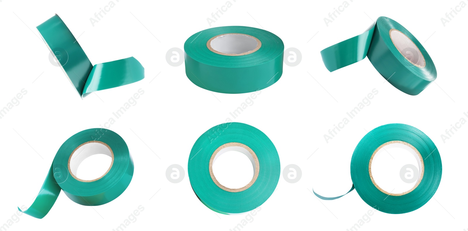 Image of Collage with green insulating tape on white background, different angles