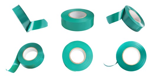 Image of Collage with green insulating tape on white background, different angles