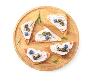 Tasty sandwiches with cream cheese, rosemary and berries isolated on white, top view