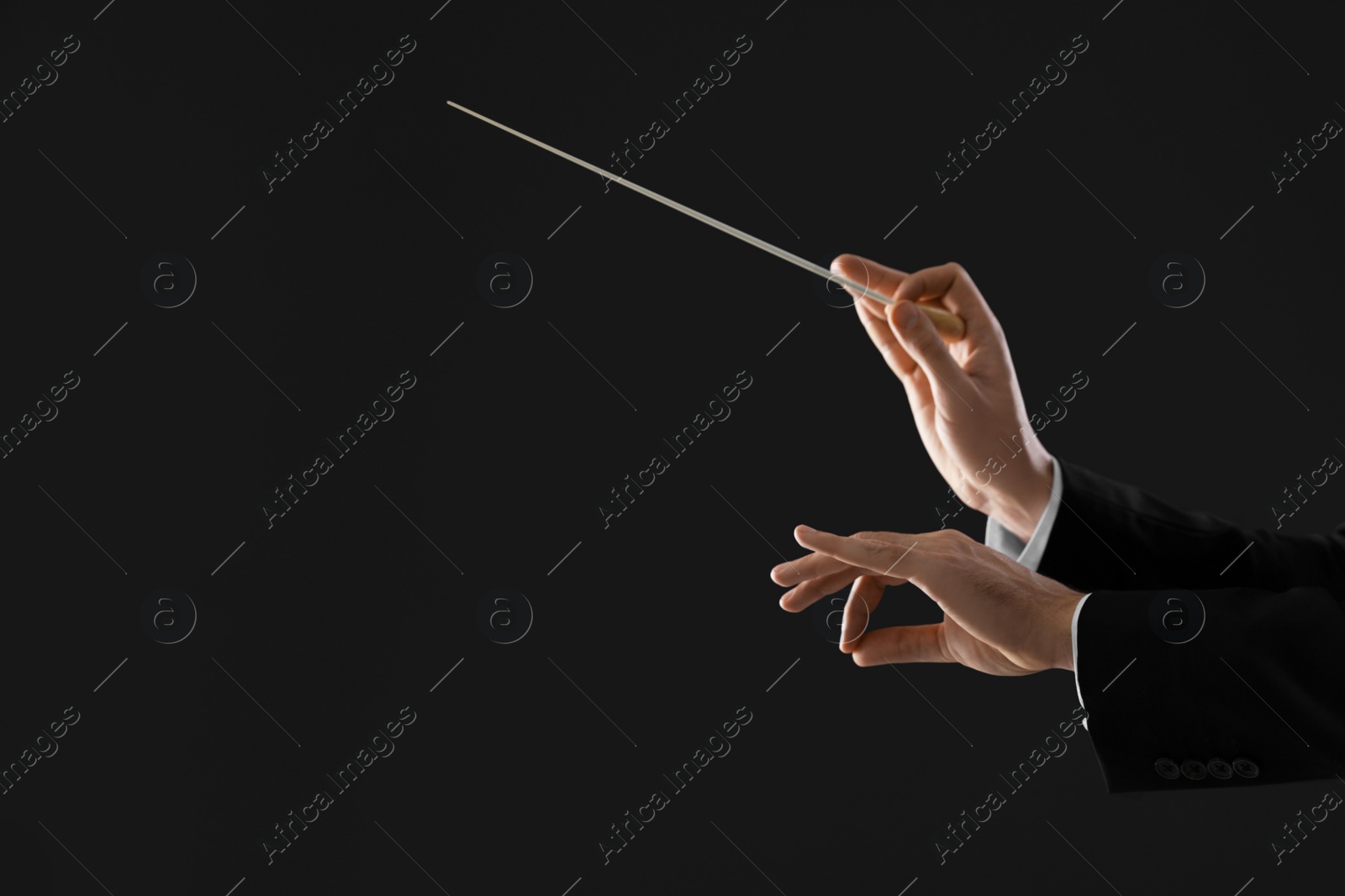 Photo of Professional conductor with baton on black background, closeup. Space for text