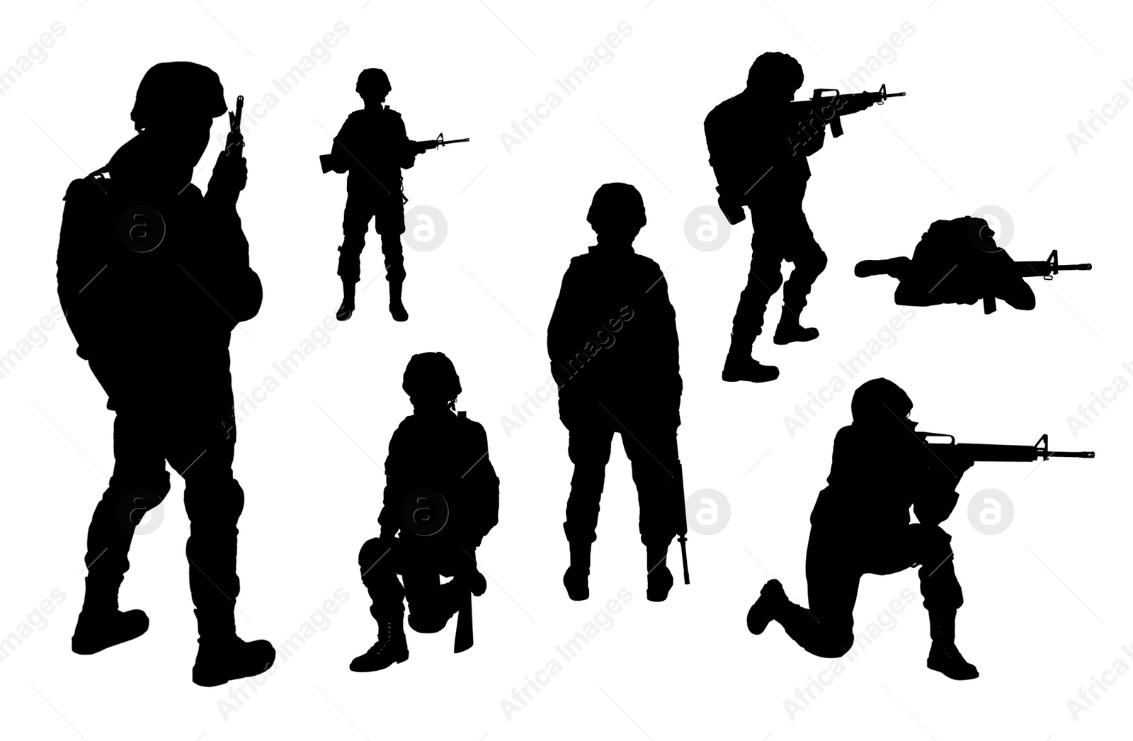 Image of Collage with silhouettes of soldiers on white background. Military service