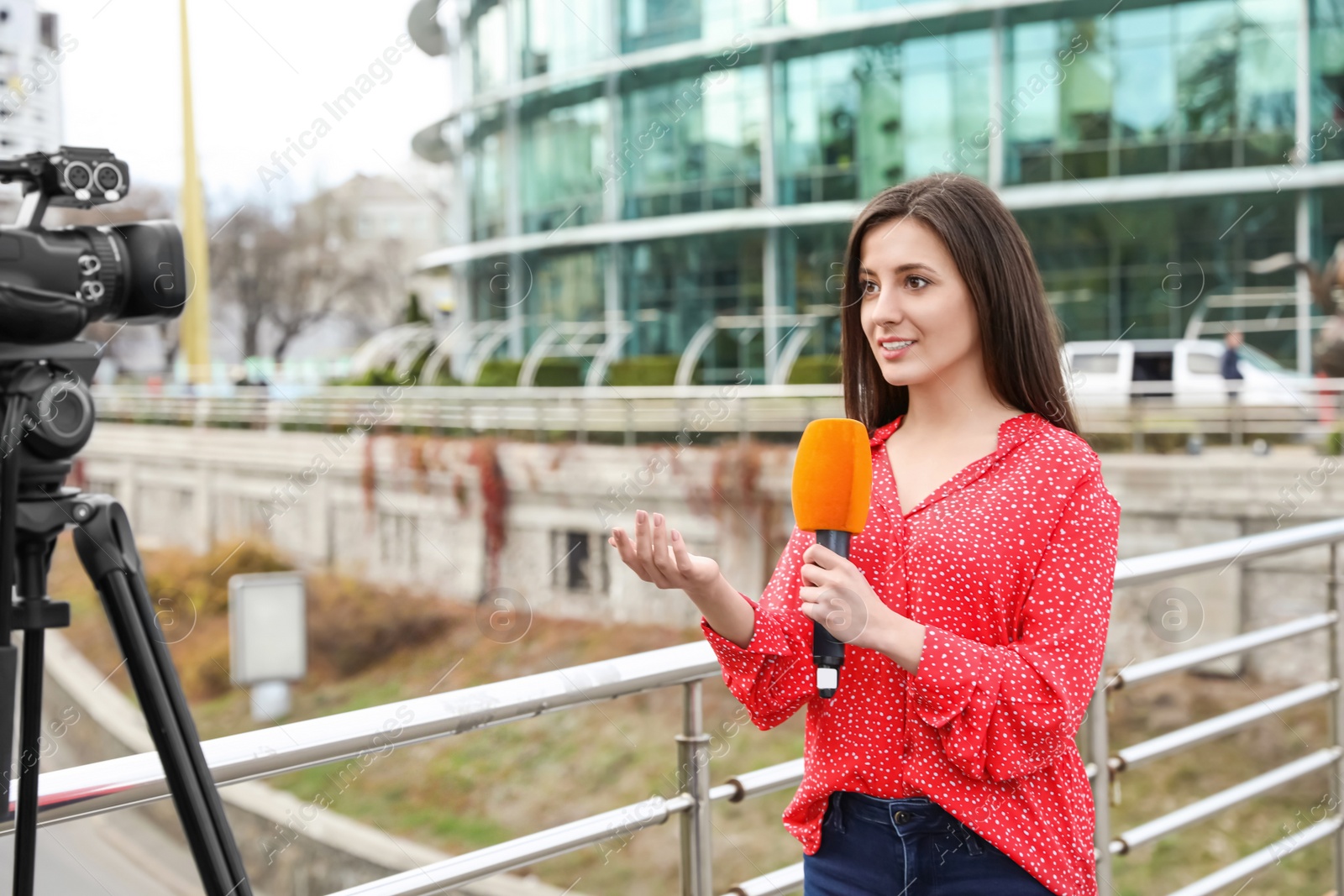 Photo of Young female journalist with microphone working on city street