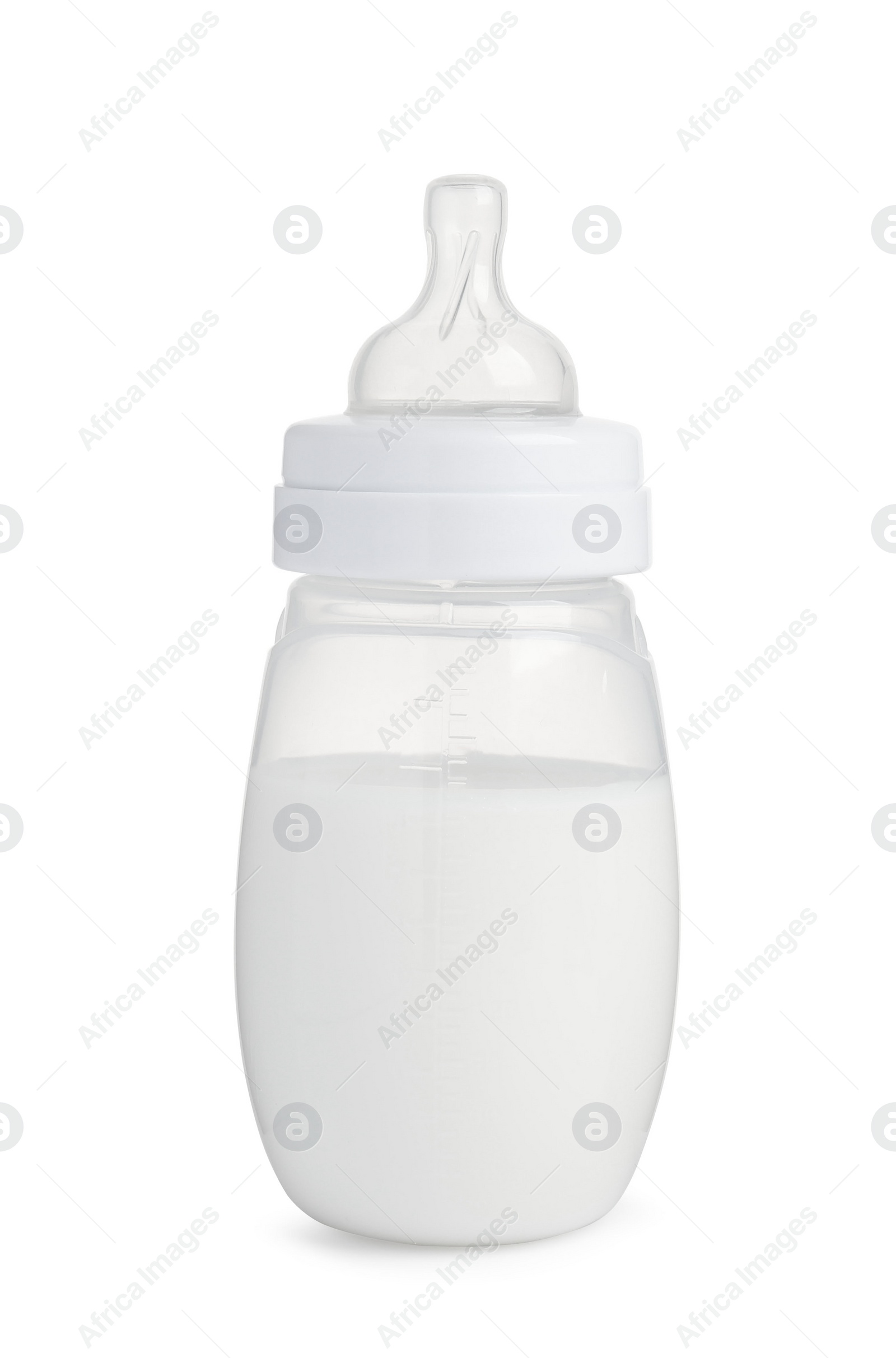 Photo of One feeding bottle with infant formula on white background