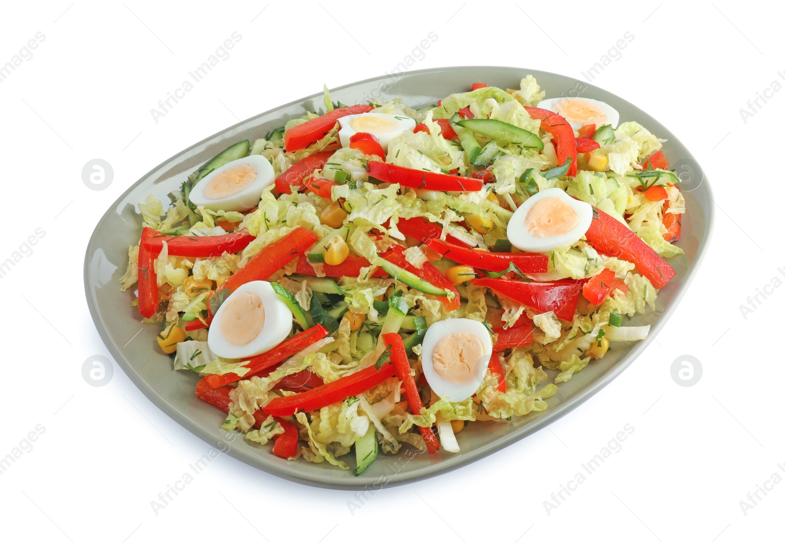 Photo of Plate of delicious salad with Chinese cabbage and quail eggs isolated on white