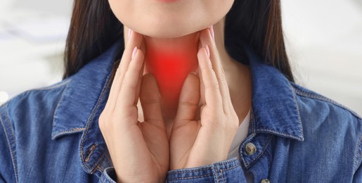 Image of Endocrine system. Woman doing thyroid self examination, closeup. Banner design