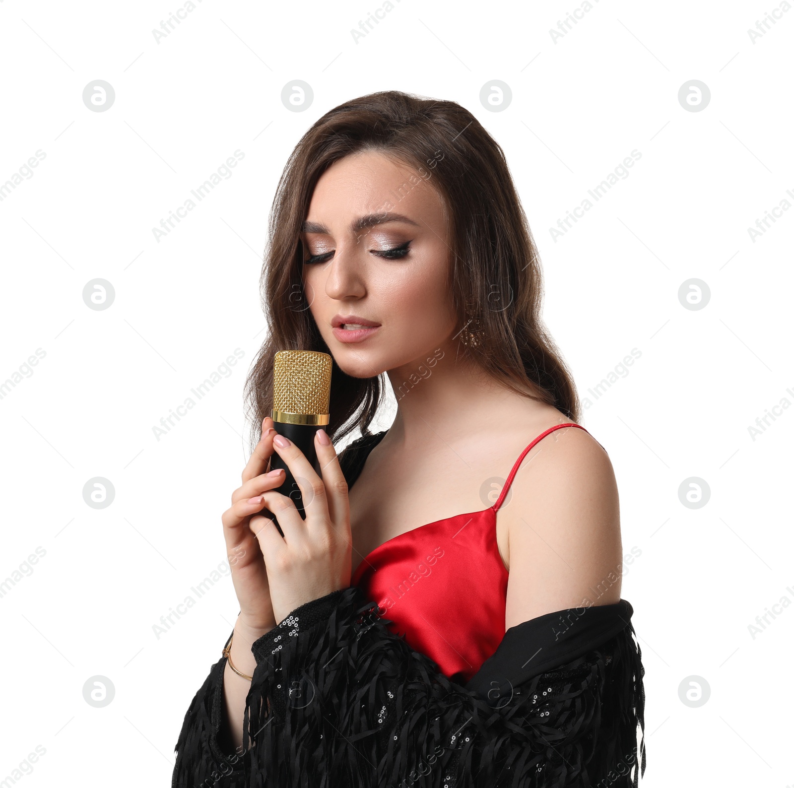 Photo of Beautiful young woman with microphone singing on white background