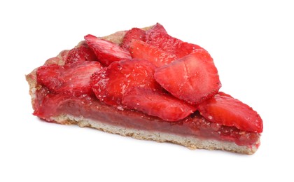 Photo of Piece of delicious strawberry tart isolated on white
