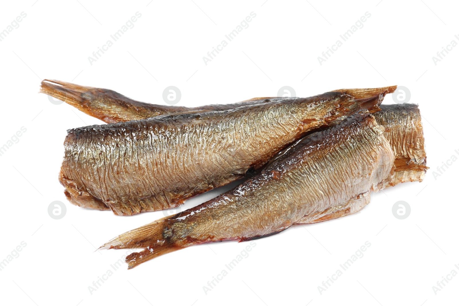 Photo of Three tasty canned sprats isolated on white