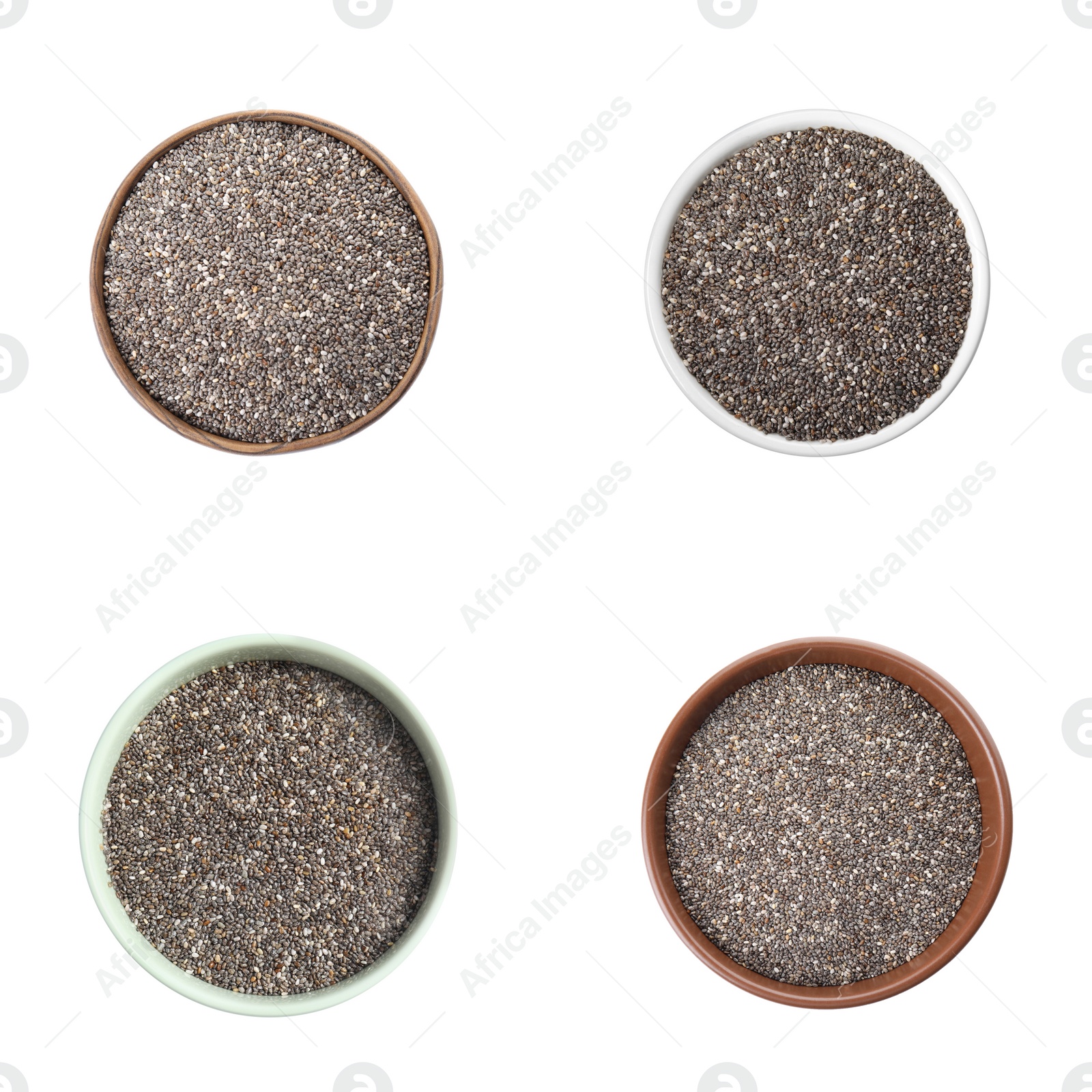 Image of Set of bowls with chia seeds on white background, top view  