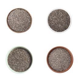 Image of Set of bowls with chia seeds on white background, top view  