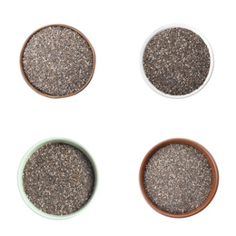 Set of bowls with chia seeds on white background, top view  