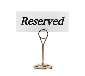 Photo of Elegant sign Reserved isolated on white. Table setting element