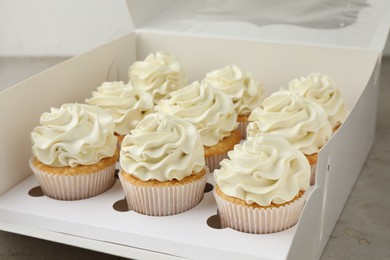 Photo of Tasty cupcakes with vanilla cream in box, closeup