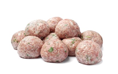 Photo of Many fresh raw meatballs on white background