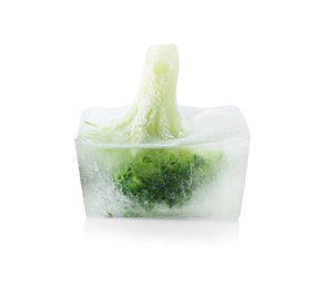 Photo of Fresh broccoli in ice cube on white background. Frozen vegetables