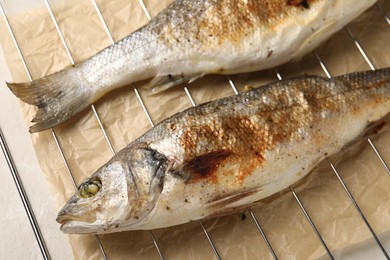 Photo of Baked fish on light marble table, closeup