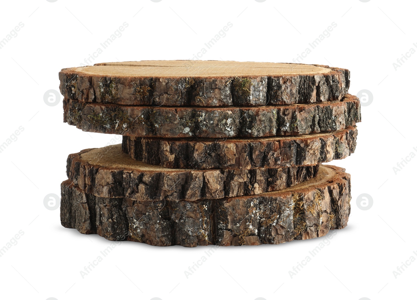 Photo of Presentation of product. Stack of wooden stamps isolated on white