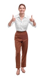 Photo of Beautiful happy businesswoman showing thumbs up on white background