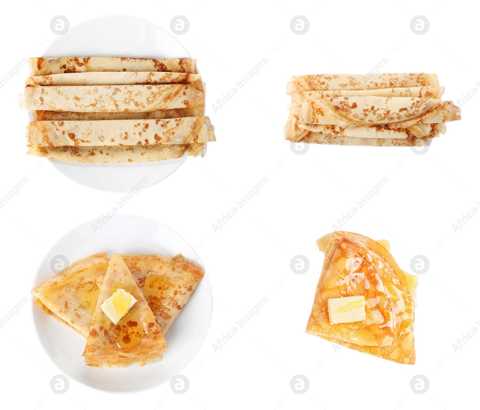 Image of Set of tasty thin pancakes on white background, top view