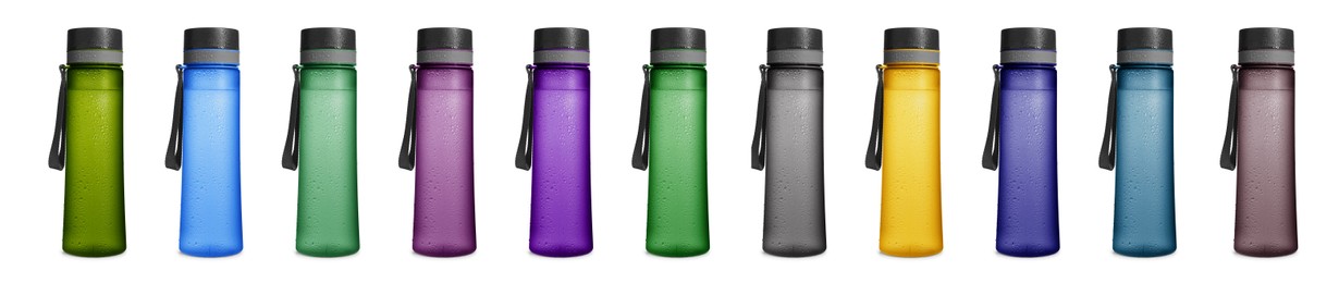 Image of Set with different stylish closed bottles with water on white background. Banner design