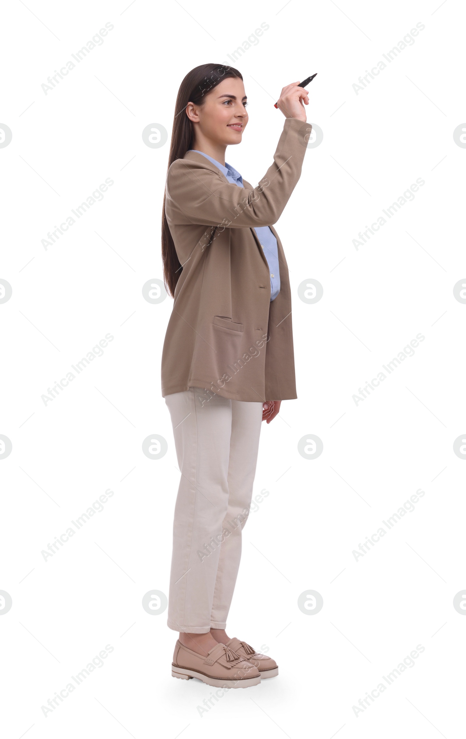 Photo of Beautiful businesswoman with marker on white background