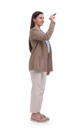 Beautiful businesswoman with marker on white background