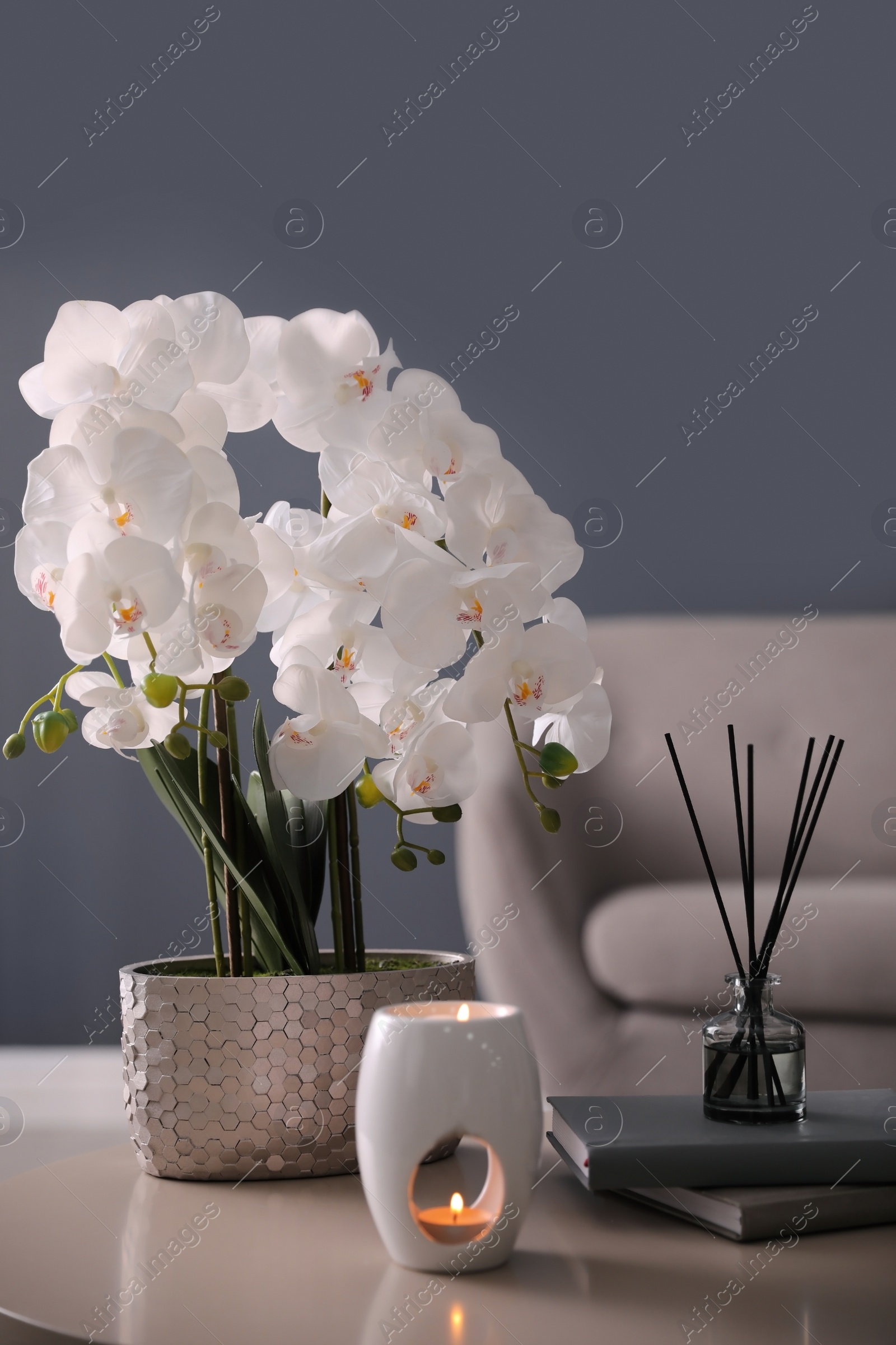 Photo of Beautiful orchid, burning candles and air reed freshener on table indoors