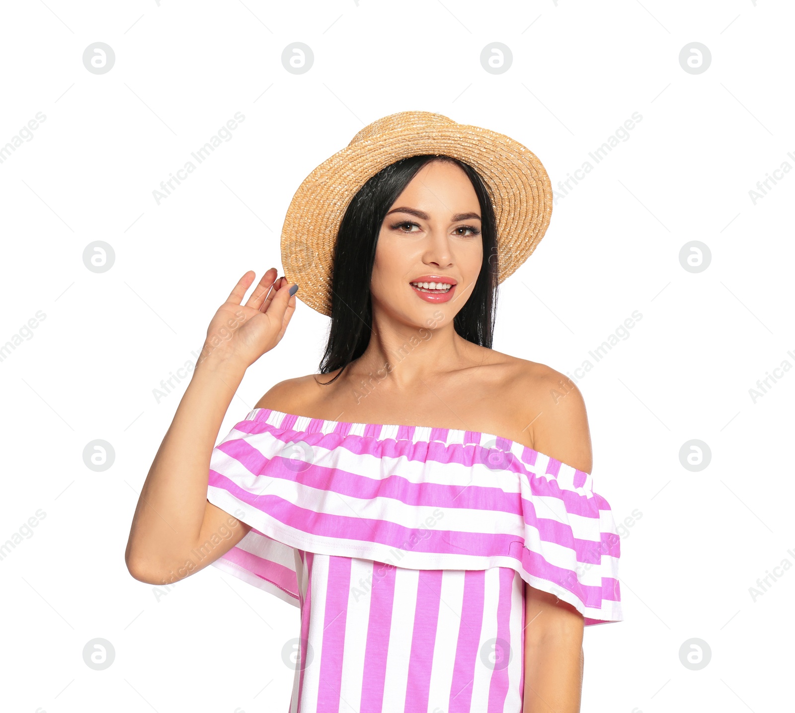 Photo of Beautiful woman in straw hat posing on white background