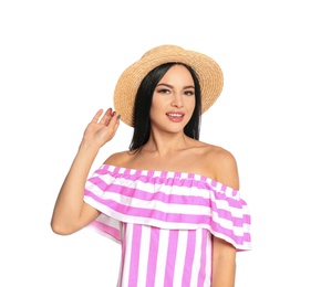 Photo of Beautiful woman in straw hat posing on white background