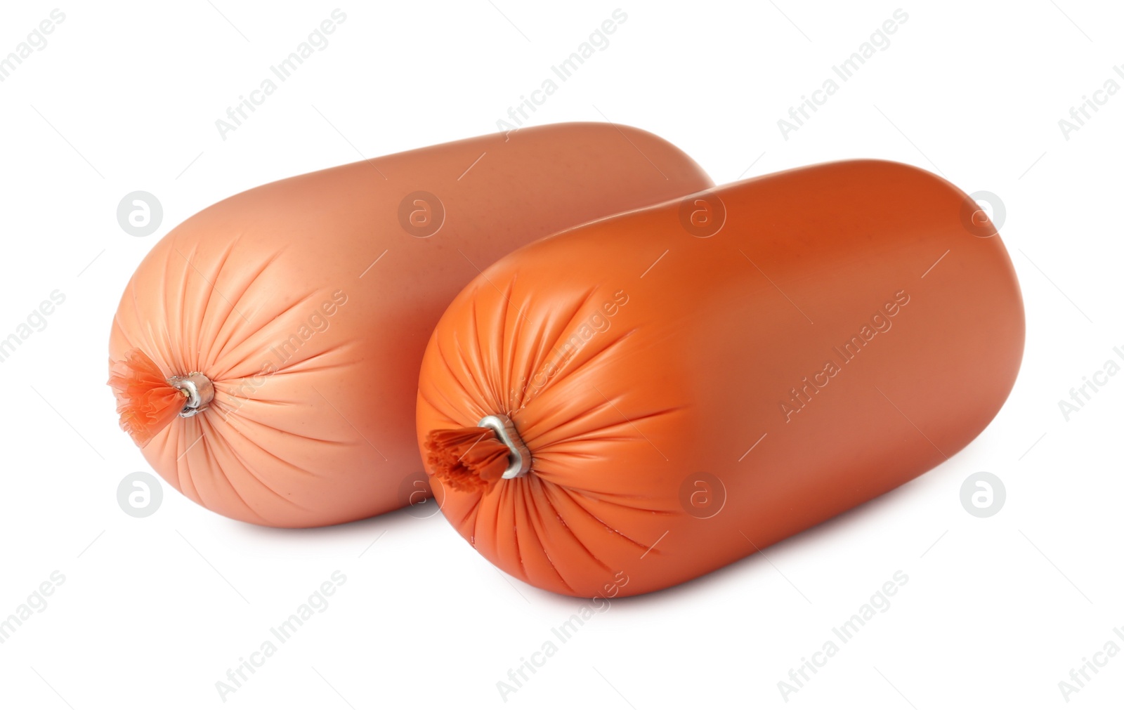 Photo of Different tasty boiled sausages on white background