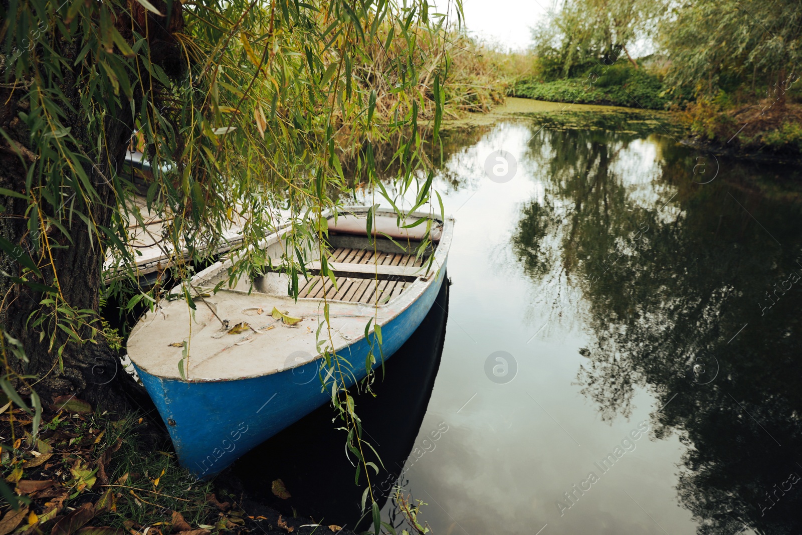 Photo of Light blue wooden boat on lake near pier, space for text