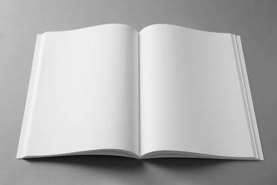 Open blank brochure on light grey background