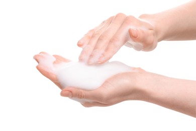 Woman with bath foam on white background, closeup