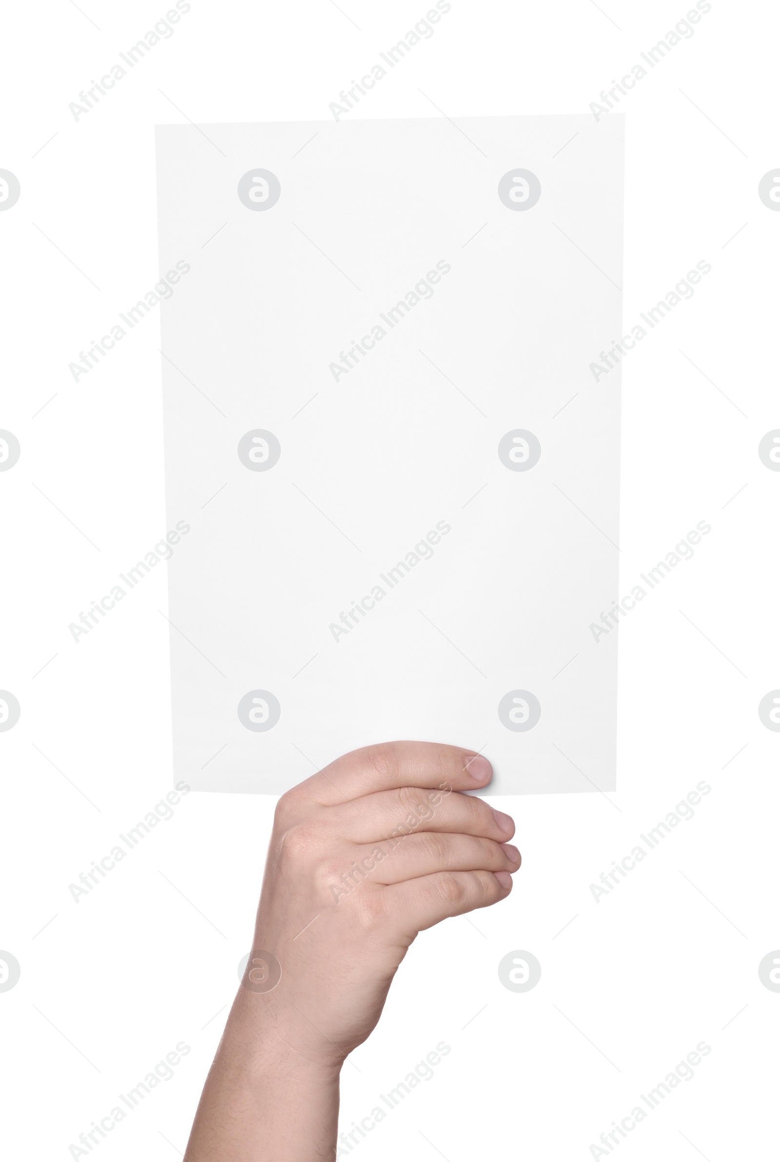 Photo of Woman holding sheet of paper on white background, closeup. Mockup for design