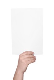Photo of Woman holding sheet of paper on white background, closeup. Mockup for design