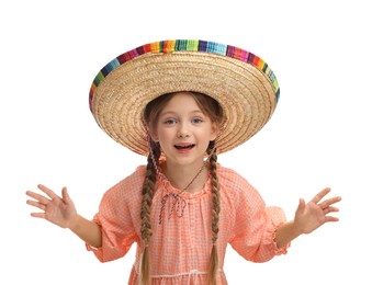 Cute girl in Mexican sombrero hat on white background