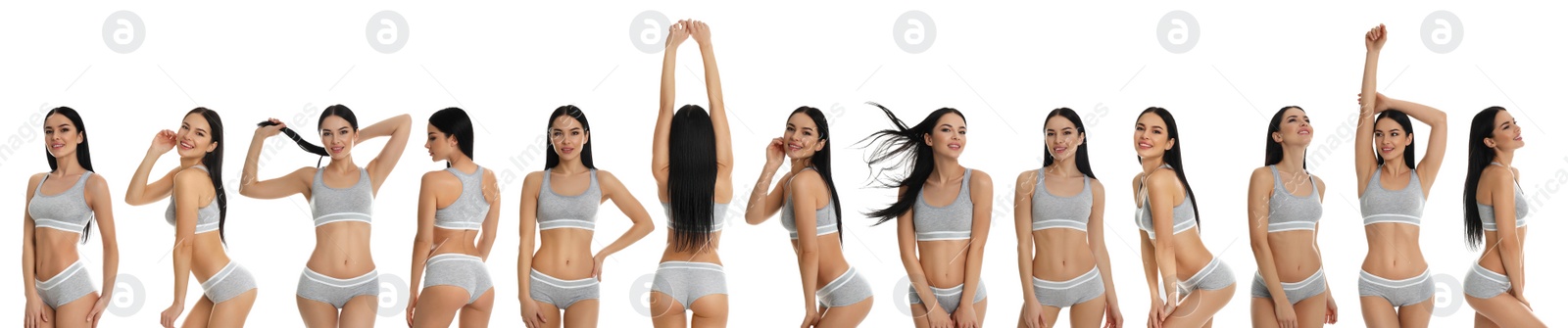 Image of Collage of beautiful young woman in grey sportive underwear isolated on white. Banner design 
