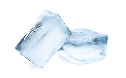Photo of Ice cubes on white background. Frozen liquid