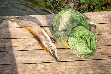 Fishing net and catch on wooden pier at riverside