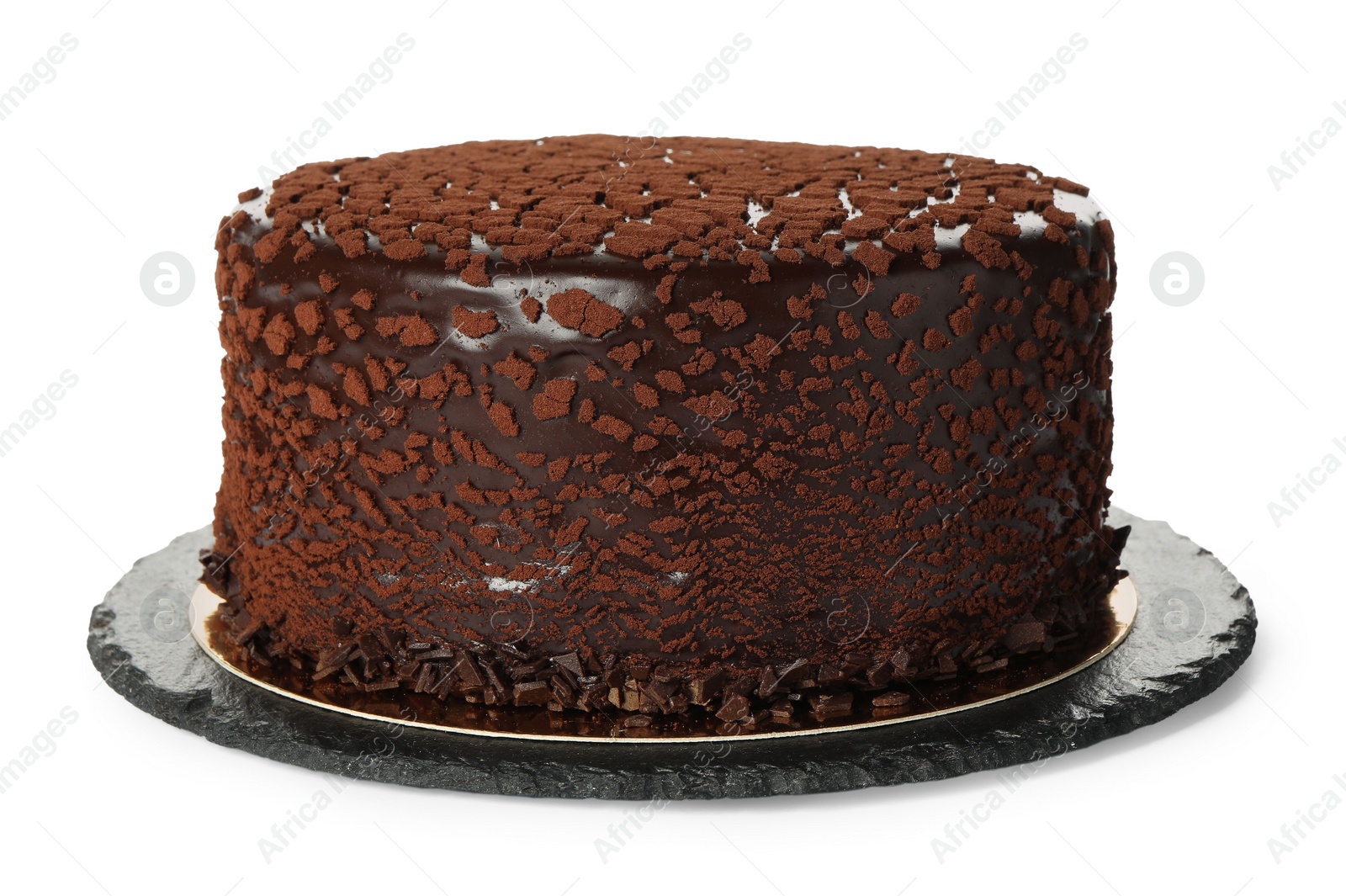 Photo of Delicious chocolate truffle cake isolated on white