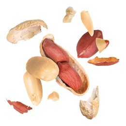 Image of Peanuts and crushed pod in air on white background