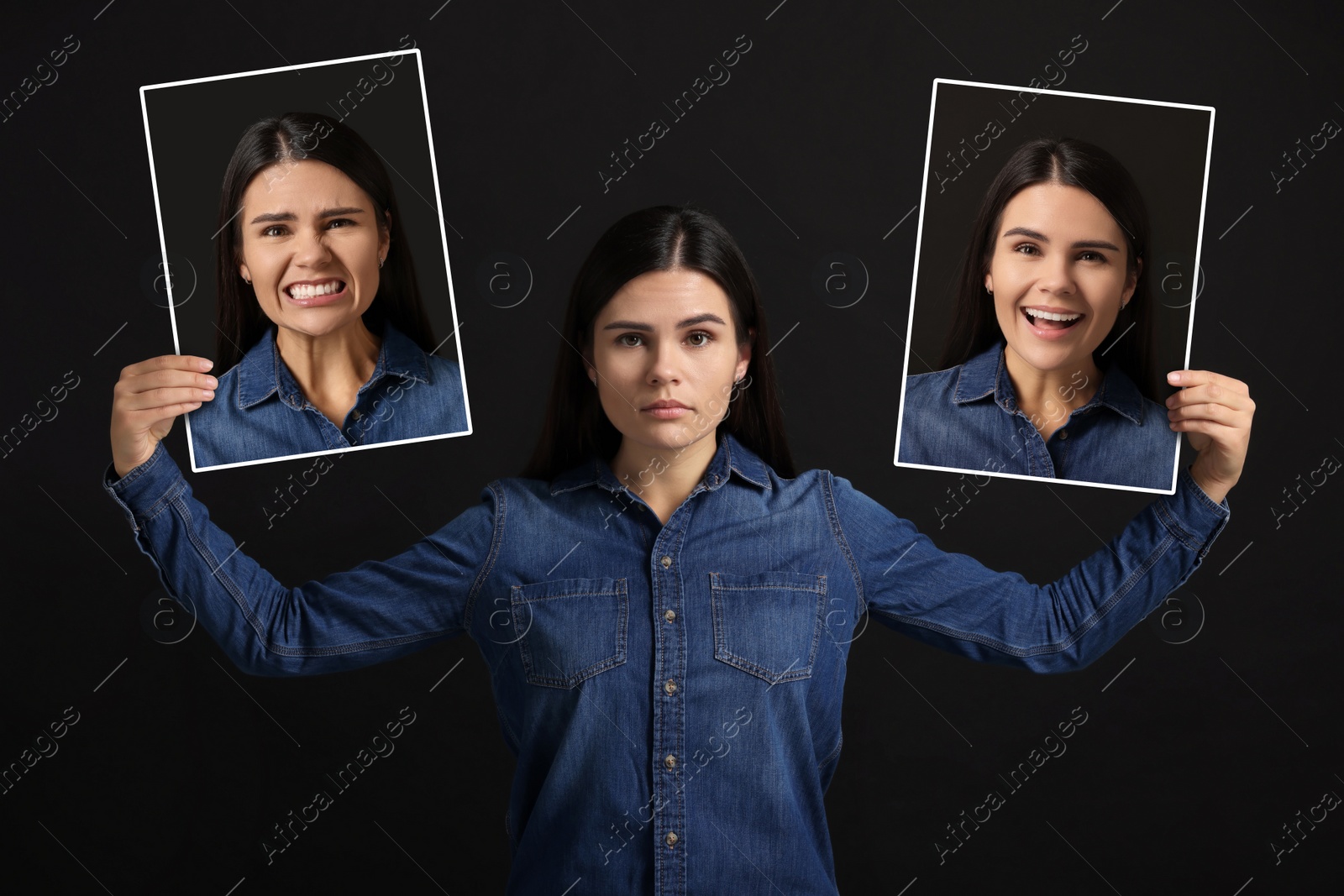 Image of Woman holding her photo portraits showing different emotions on black background. Balanced personality