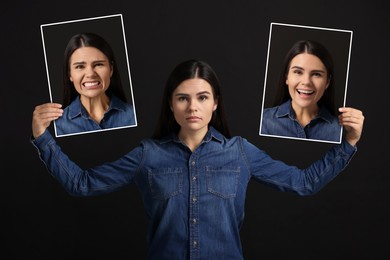 Woman holding her photo portraits showing different emotions on black background. Balanced personality