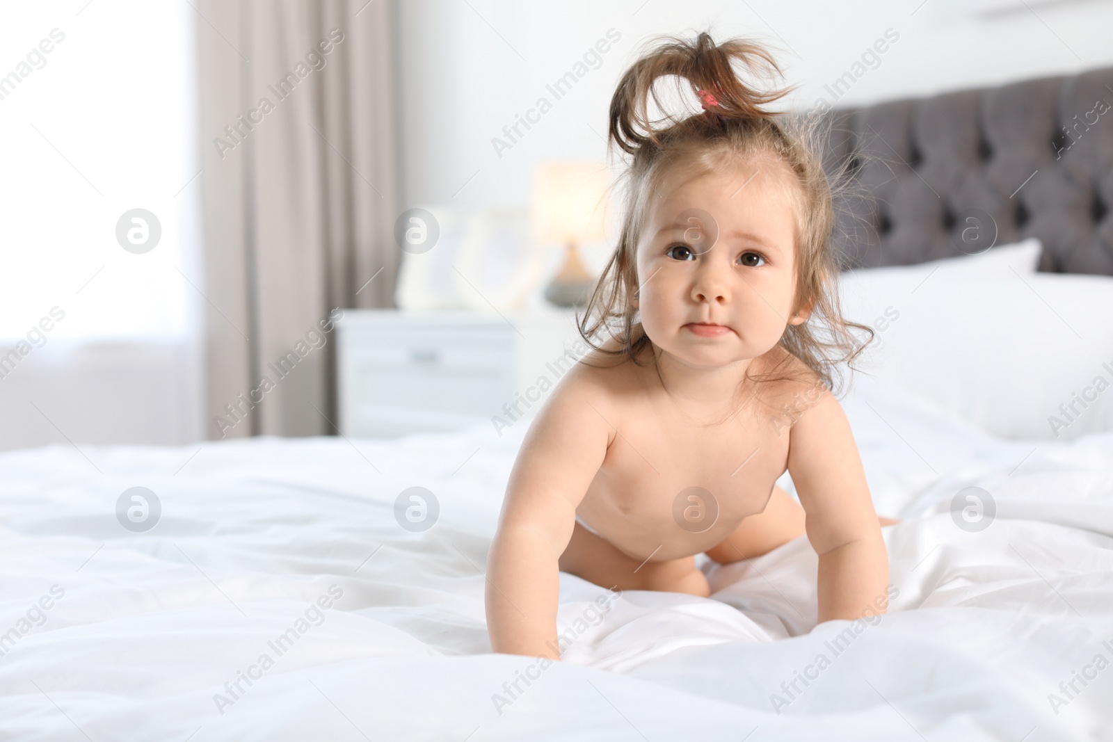 Photo of Adorable little baby girl crawling on bed in room. Space for text